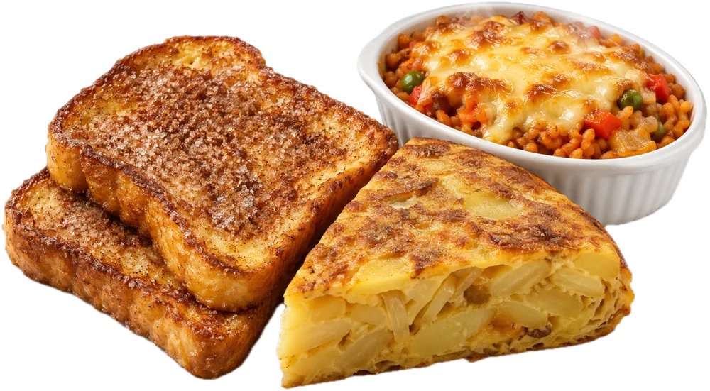 Wentelteefjes met kaneelsuiker, een punt aardappeltortilla en een rijstschotel met kaas