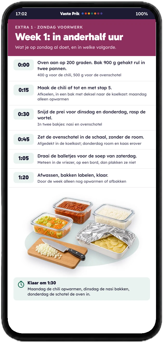 Zondag voorwerk op een telefoon: week 1 in anderhalf uur, met een klokje bij elke stap