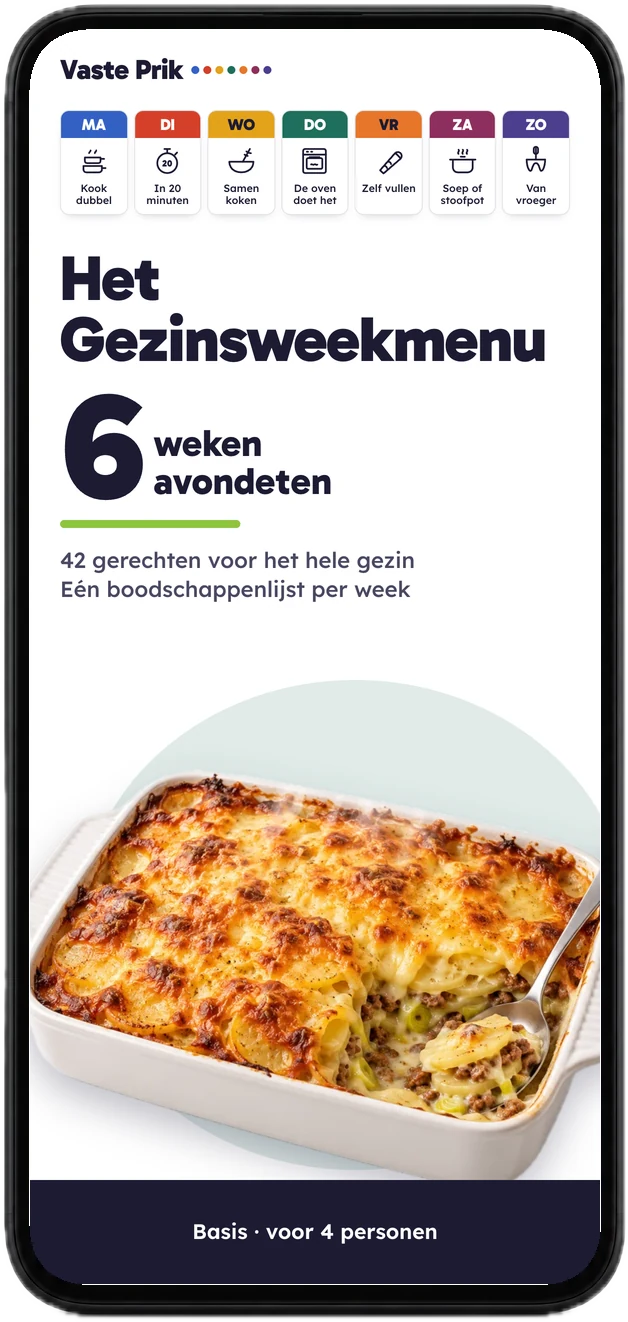 Het weekmenu op een telefoon: 6 weken avondeten, 42 gerechten