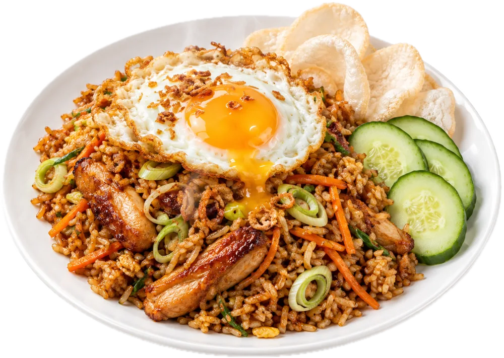 Nasi goreng met kip en een gebakken eitje