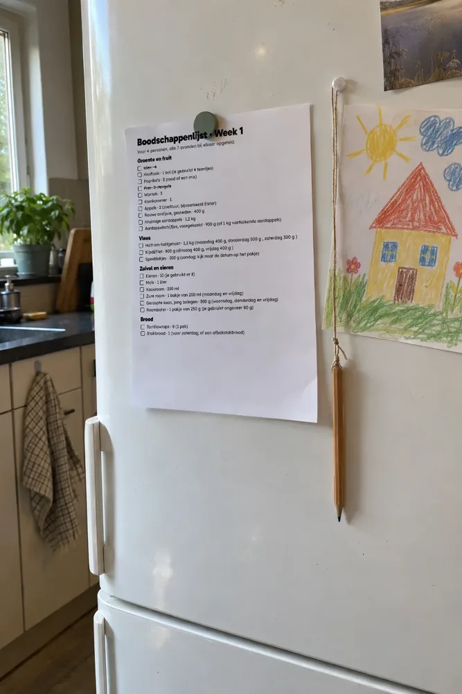De geprinte boodschappenlijst met een magneet op de koelkastdeur